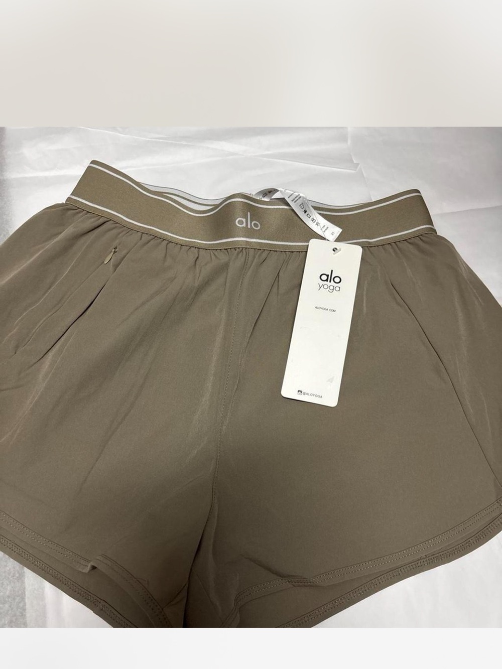 ALO Yoga Women's Taupe Athletic Shorts with Logo Waistband